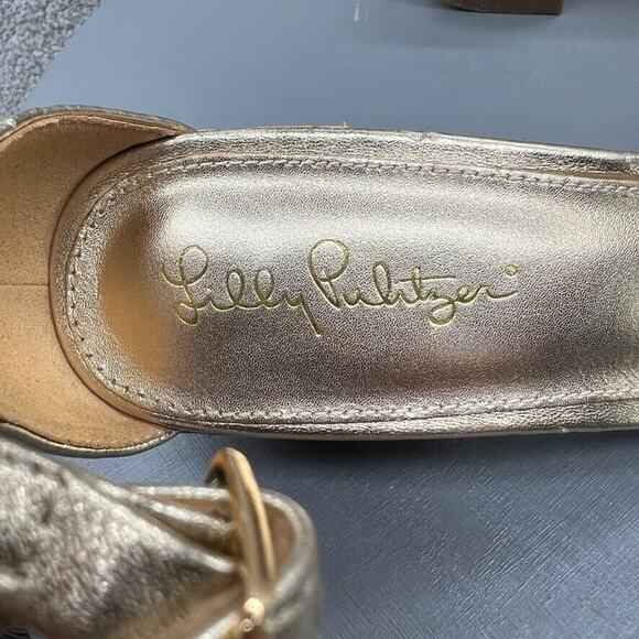 Lilly Pulitzer Tilly Sandal metallic gold Leather Cork Heel Ankle Strap Gold 7.5 - Picture 11 of 14